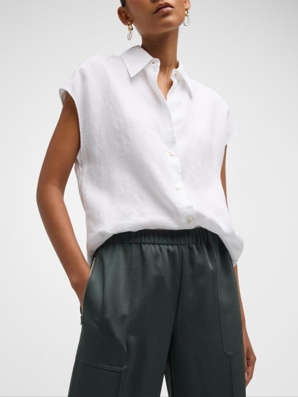 Uniqlo Linen Blend Button Down Cap Sleeve Top
